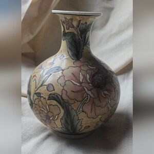Floral Ceramic Vase, Beige And Muted Tones